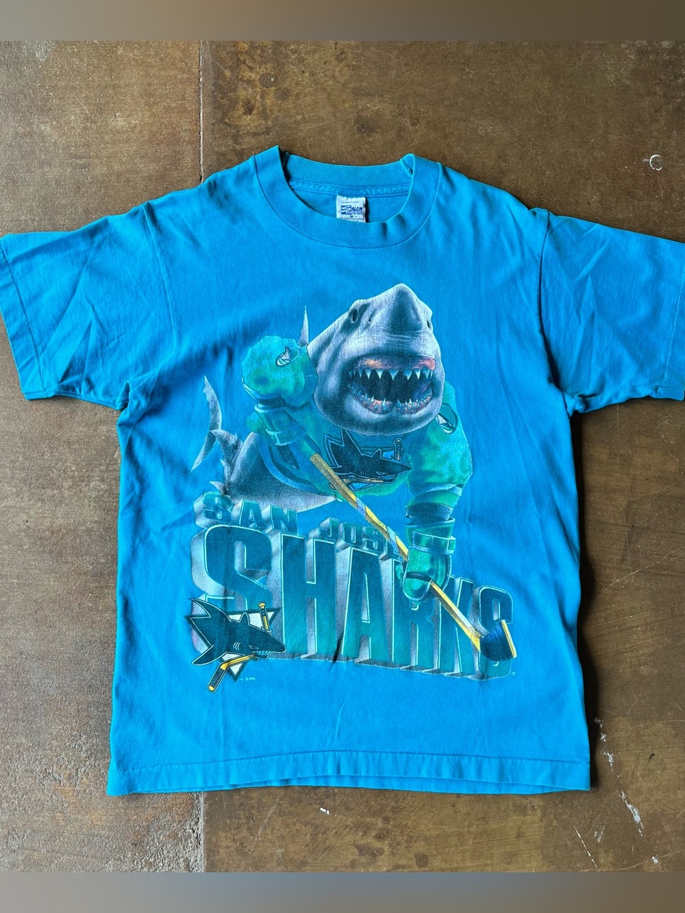Vintage 90s Salem Sportswear San Jose Sharks Teal Single Stitch Shark Tee Medium